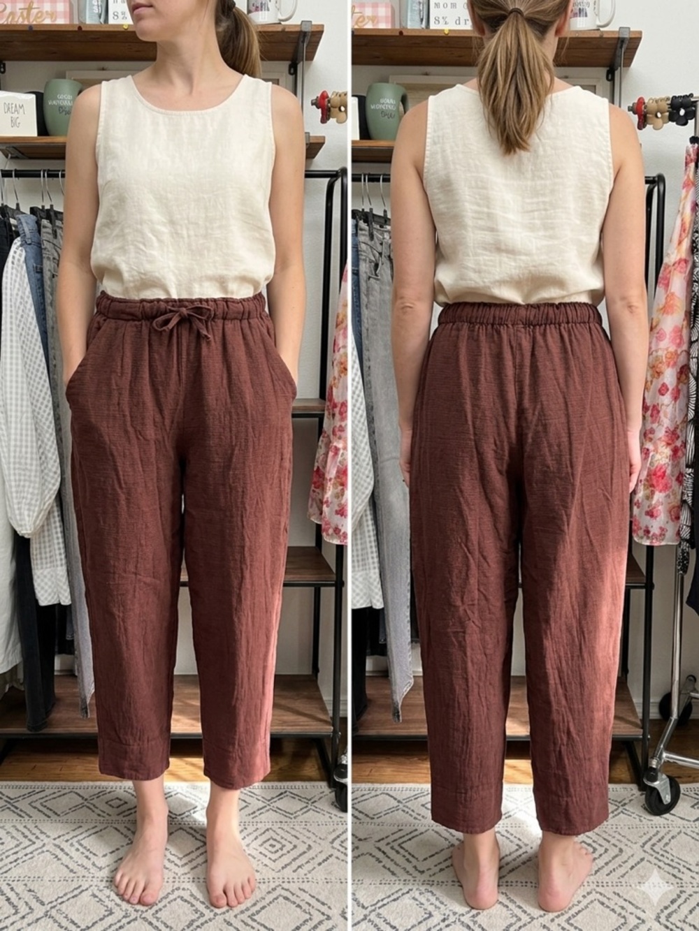 Free People Cropped Drawstring Linen-Blend Pants in Chocolate Brown